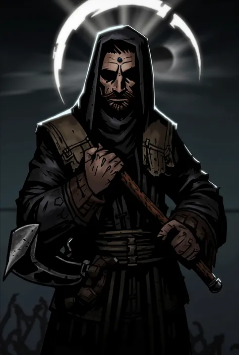 Create a monk wearing heavy clothes and an eclipse mark on his forehead holding an axe 