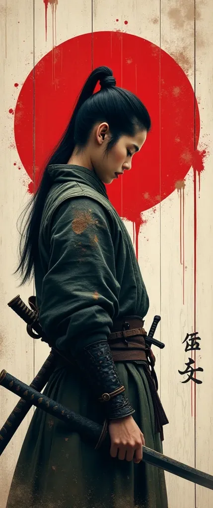 Young Asian samurai girl. He looks down seriously. Side view. The case is bent .Shoulders are thrown back. The arms are loosely lowered along the body. The head is slightly turned towards the viewer. Very dark hair, gathered in a high, smooth ponytail on t...