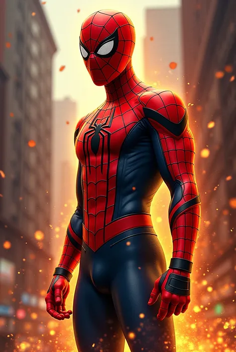  New Spider-Man costume but with these colors:1.  Dark red 2 .  Red 3 . Orange 4 .  Light orange 5 .  Light yellow 6 . creme. And that the image is generated in the comic style  