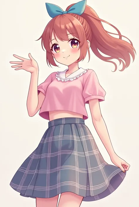 Create a ponytail anime character with a blue bow and a baby pink croped and a plaid full-length skirt 