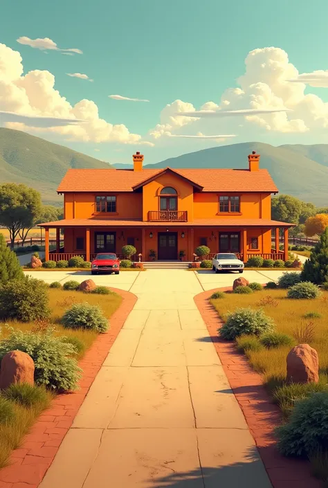 I want a large orange ranch with random and simple designs that match and that has a road where cars pass to enter the farm and park and that has a country landscape I want it to look realistic