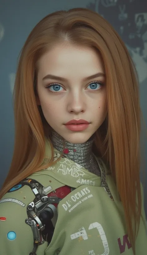  (Fine details:1.3), Limited color palette, (move:1.4), 1 girl, aldult (A river:0.7) Miss, freckle, Pink Eyes, Ginger Rob Hair, Solitary, Half Shot, look up, Detailed background, Delicate face, (vintagefuturism AI, vintagefuturism Themes:1.1), android, , B...