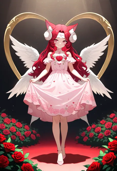 full body portrait of a shy anime young kitsune girl with short white demon horns on her forehead, white angel feather wings and cute small fluffy fox ears, white and light pink hair with dark red hair strands wearing a light pink silk dress with heart dec...