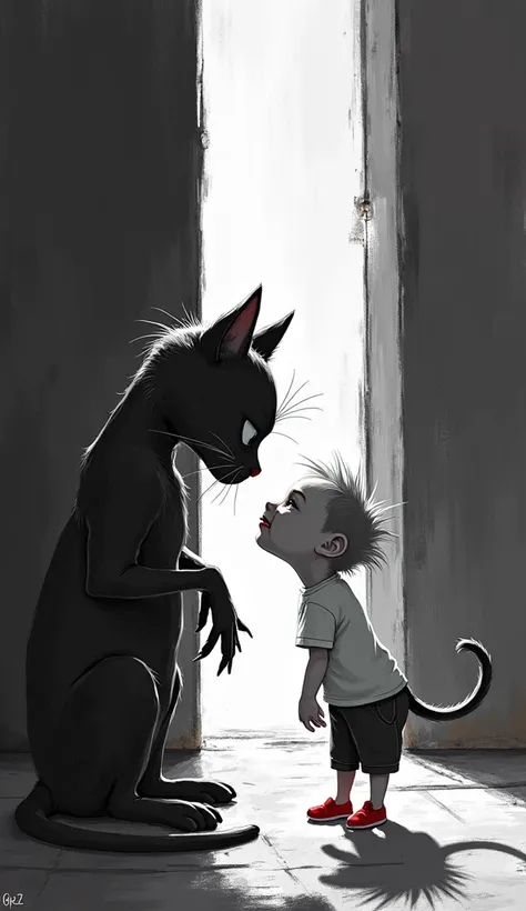  un chat et un enfant faisant des grimaces, peinture numérique, manga noir et blanc, art de Krenz Cushart dans le style de Pixiv deviant art Disney, rétroéclairage à arc électrique, hyper réaliste, cinématique ultra réaliste, Unreal Engine, tendance de l'i...