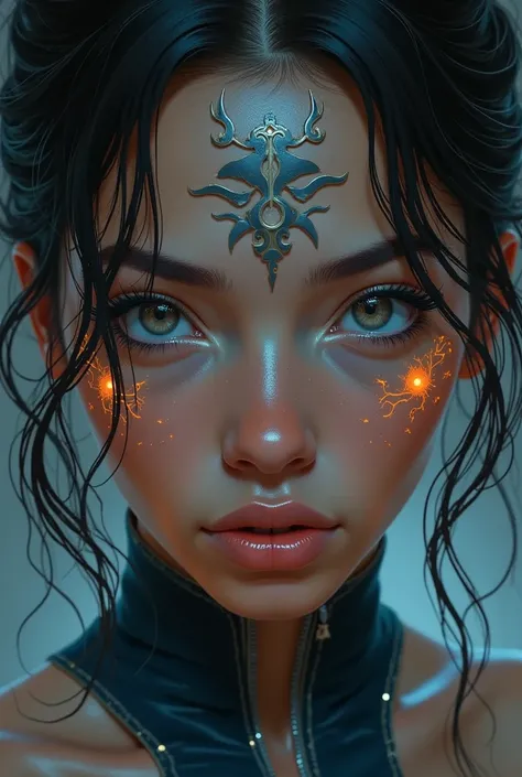 up of a woman face portret hiperrealizm dynamic fighting masterpiece, best quality, (extremely detailed CG unity 8k wallpaper), (best quality), (best illustration), (best shadow), absurdres, realistic lighting, (Abyss), beautiful detailed glow, art by Pete...