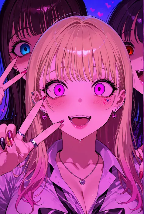 gyaru,Cool Beauty,3girls、yandere,v,face close_up,