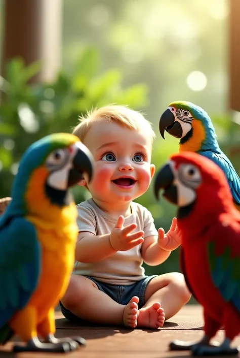 A baby boy playing with parrots 