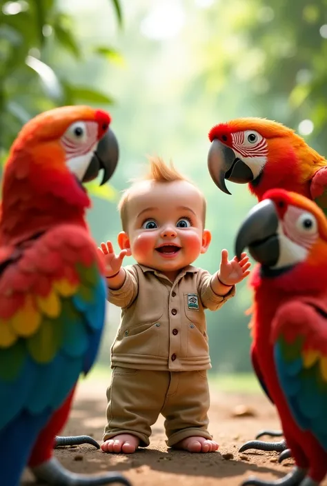 A baby boy playing with parrots 