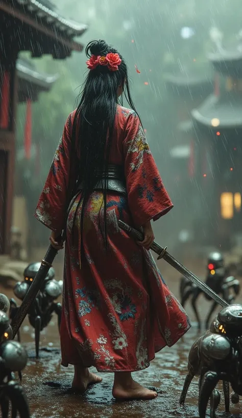 Full body view of a fierce samurai woman of Japanese descent in a flowing red and black kimono, her long, raven-black wet hair is styled in a messy bun adorned with vibrant red and white flowers and dangling ornaments. barefoot, feet cover of mud on muddy ...