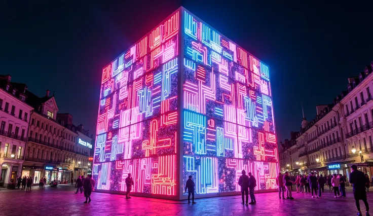 Installation in the shape of a twelve meter cube covered with neon and located in a square