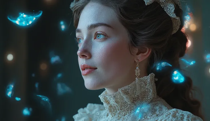 A close-up of a stunning Victorian woman, her face illuminated by the soft glow of holographic lights above her. Her eyes are wide, reflecting the subtle neon hues around her, as her lips part in pure bliss, entranced by the rhythm of the music. She wears ...