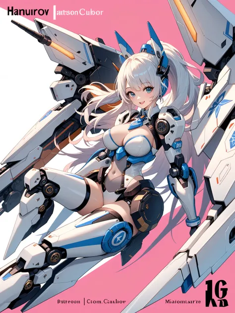 1girl, mecha_musume, breasts, solo, grey_leotard, large_breasts, thighhighs, looking_to_the_side, leotard, personification, weapon, anime character in front of a pink background, female white mecha, female mecha, anime robotic mixed with organic, mechanize...