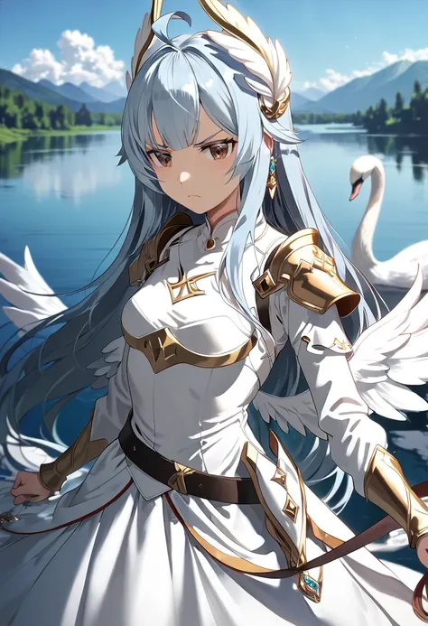 anime style, masterpiece, best quality, woman, ribbon back head, light blue long hair, hair bangs, ahoge, brown eyes, angry, small breast. white full dress, sleeves, modest white dress, chestplate, metallic pauldrons, metallic belt, white swan wings, white...