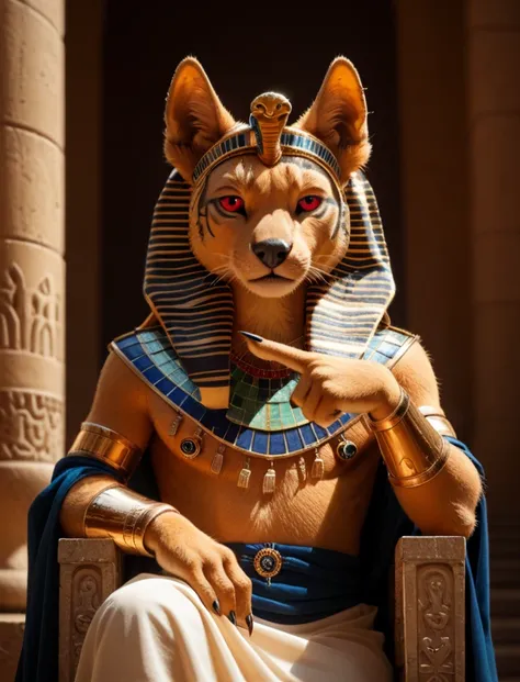 Furry the pharaoh bear with twinkling red eyes sits on his throne in his palace controlling you and pointing his finger at you