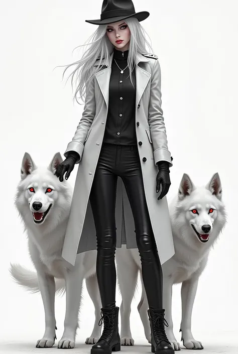 Draw a beautiful albino woman,with completely white skin ,With red eyes and with silver hair,That she is dressed in a trench coat, pantalones, Gloves,boots,I don't have a black hat or that a pair of ferocious dogs