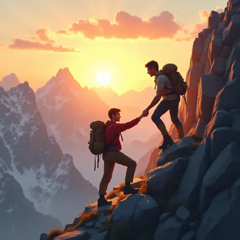 A person helping another person climb a mountain during sunset