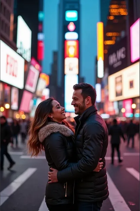 Couple posing for photos in Times Square in New York 