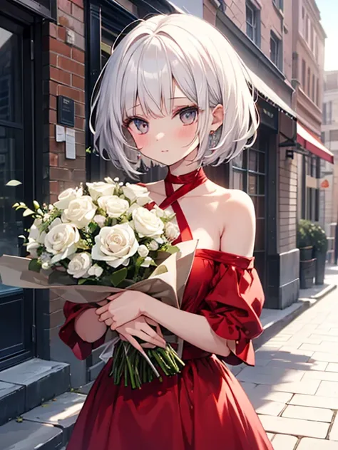 Short white-haired girl on the street in a semi-nude semitransparent red dress holding a bouquet of flowers and chocolate