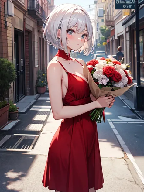 Short white-haired girl on the street in a semi-nude semitransparent red dress holding a bouquet of flowers and chocolate