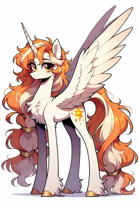  create a one that looks strong 《My Little Pony》Role，It's a lady celestial horn，Very tall ， with thick and long legs ， pale platinum-colored body，The white unicorn ，Has medium length orange hair with a bit of blond， The hairstyle is similar to Kiana's ， Go...