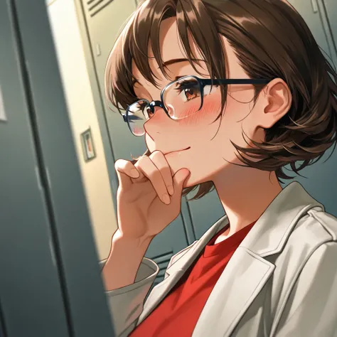 masterpiece,best quality,(1 woman,30 years old, Pudgy Body,red t-Shirt,white coat),dark brown hair, short wave hair,(black-rimmed glasses),(extreme close up face),upper body,blush,light smile,hand on mouth,Locker Room,Dark Room
