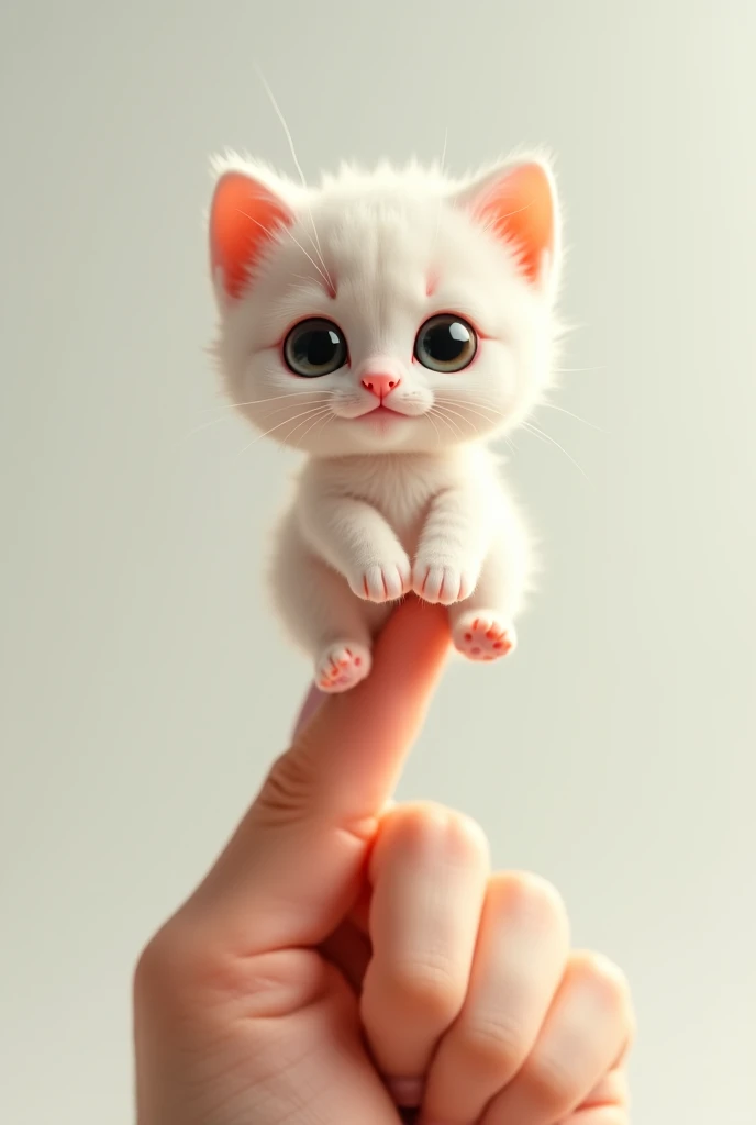 "A small, fluffy cat sitting gracefully on two fingers, with its paws gently resting on them. The cat has soft, light-colored fur, and its eyes are large and bright, exuding curiosity. The background is minimalistic, with soft natural lighting accentuating...