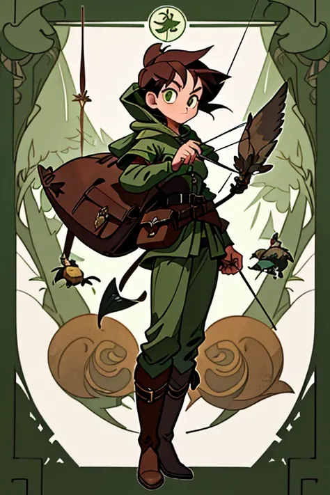 ( is the best quality,  masterpiece), mosquito, Fantasy , game art, Stylized, cartoons,  forest, tarot, Revealing Ranger Suit, brown leather, hood, layer, corset,  long boots, buckles, Belts, bags,  bow and arrow, green fabric, brown leather