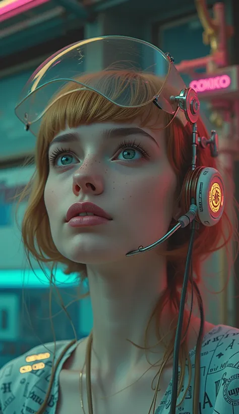  (Fine details:1.3), Limited color palette, (move:1.4), 1 girl, aldult (A river:0.7) Miss, freckle, Pink Eyes, Ginger Rob Hair, Solitary, Half Shot, look up, Detailed background, Delicate face, (vintagefuturism AI, vintagefuturism Themes:1.1), android, , B...