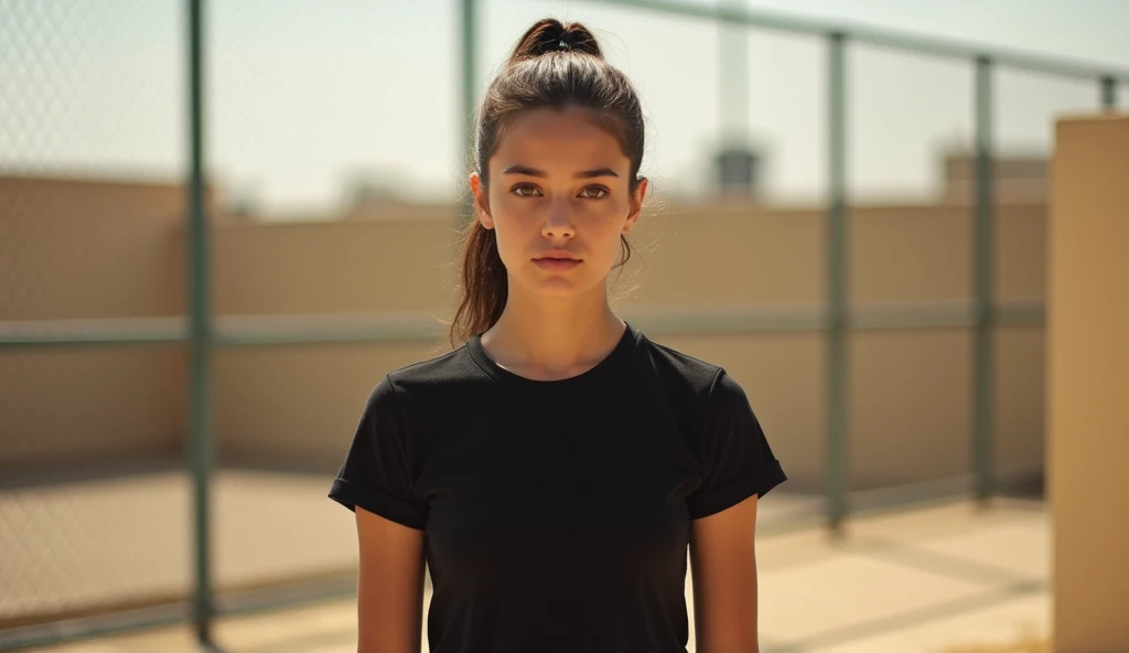  The average plan of a young woman with dark hair ,  gathered in a neat ponytail ,  dressed in a tight black T-shirt .  Against the background, a metal mesh fence and beige walls ,  giving the impression of a warm , an almost deserted landscape .  Soft sun...