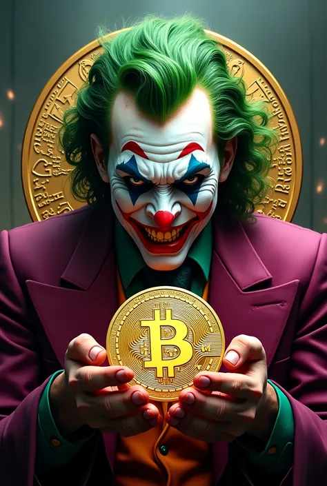  Make me a picture , where a crypto coin will be depicted and in the middle of this coin there will be an image of the Joker and he will be holding a crypto coin in his hands