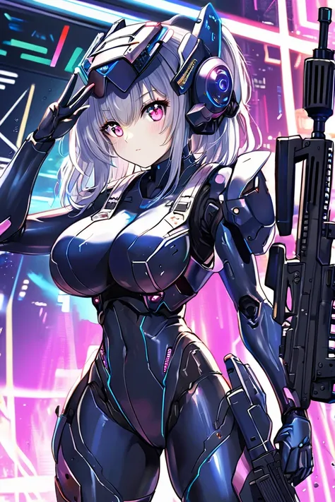 a pretty girl is posing salute,big breasts,cyber headgear,cyber combat suit,glittering eyes,assault rifle