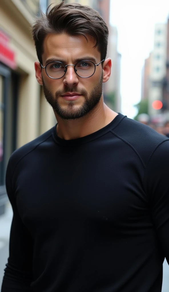 attractive European Man, ericjanicki, Handsome, short brunette hair, 30 years old, beard, dresed as the comic book character Clark Kent, wearing a tight-fitting black long-sleeved shirt and round-rimmed glasses