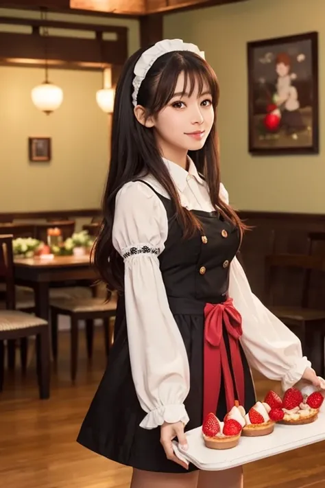 A beautiful Japanese maid with long black hair and brown eyes, wearing a classic black and white maid outfit, gracefully carrying a tray with a delicious(( strawberry shortcake)), approaching a dining table in a cozy, well-lit room. The scene is depicted i...