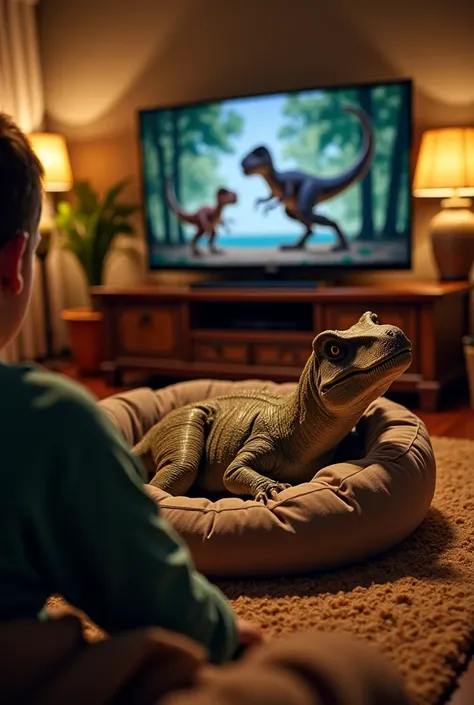 funny scene of a person watching TV in a cozy living room while a big dinosaur tries to fit on a tiny dog bed. The dinosaur looks confused but determined to lie down, while the person watches with an amused expression. The atmosphere is warm, with soft lig...