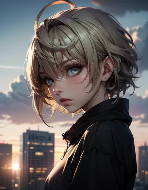 masterpiece, best quality, ultra-detailed, extremely detailed，4K，8K,((beautiful detailed eyes, super detailed skin)),1girl,skinny,petite,pale skin,solo,very short hair,curly hair, brown eyes,black sweatshirt,(the highest place),city,from side,upper body,wi...