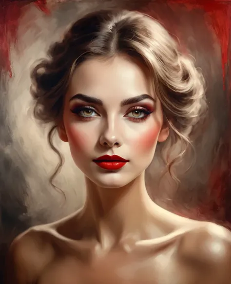 Portrait of a beautiful European woman, with the perfect face, makeup "Vintage Sepia" with released red color, expression of shadows, oil paint horizontal angle, background, super giber detail, high detail, high quality, 16k, unique, creative, fog, dark. a...