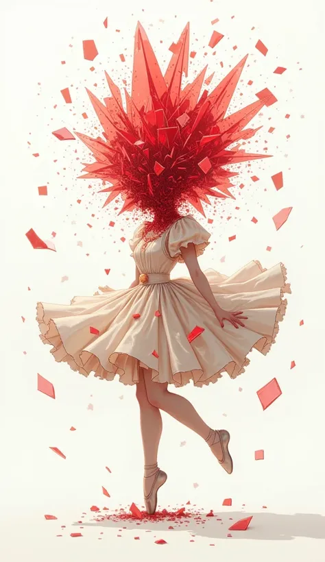 A girl in a delicate cream-colored ballet dress was dancing beautifully.The girl was surrounded by a white background and red glass shards flying around.The girl's head consisted of a gigantic system not_face