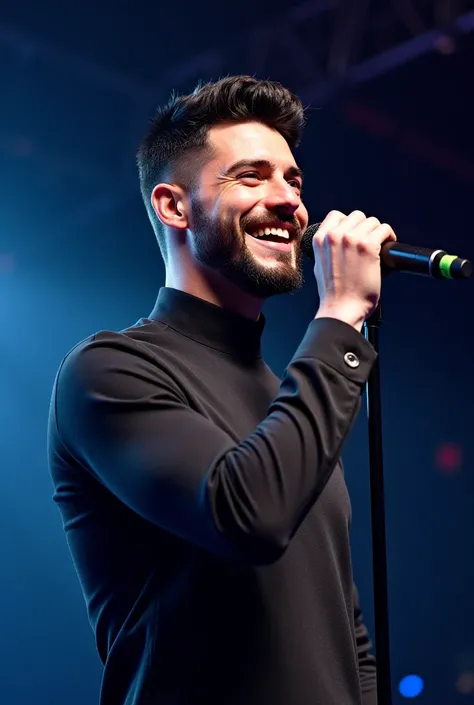 handsome singer, 18 years old, with a beautiful smile, with a microphone in his hand, short black hair, white skin, full beard