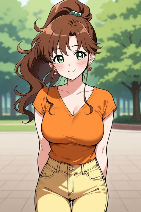 park background, 1 girl, obra maestra, mejor calidad, SMiLE, Kino Makoto, LONg hair, blush face, Brown hair, green eyes, ponytail hairstyle, medium boobs, orange top, v-neck, yellow jeans, rose earrings, hair accessory