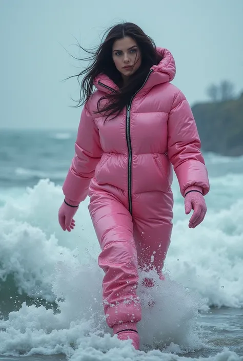 Beautiful brunette woman wearing very puffy padded shiny pink one piece down suit and puffy padded gloves and puffy padded snowboots, swim in tidal waves during heavy storm