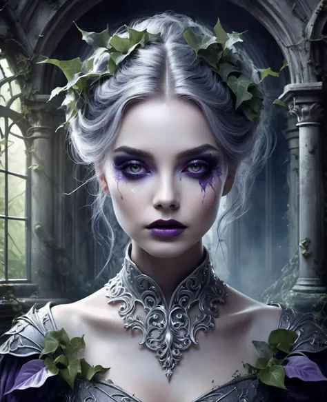  A beautiful European lady with a perfect face, makeup, in a broken mansion, shrouded in dark ivy, sad, mysterious, delicate and surreal, dark fantasy and complex details are combined with muted violets and silver, creating a high contrast, textured smears...