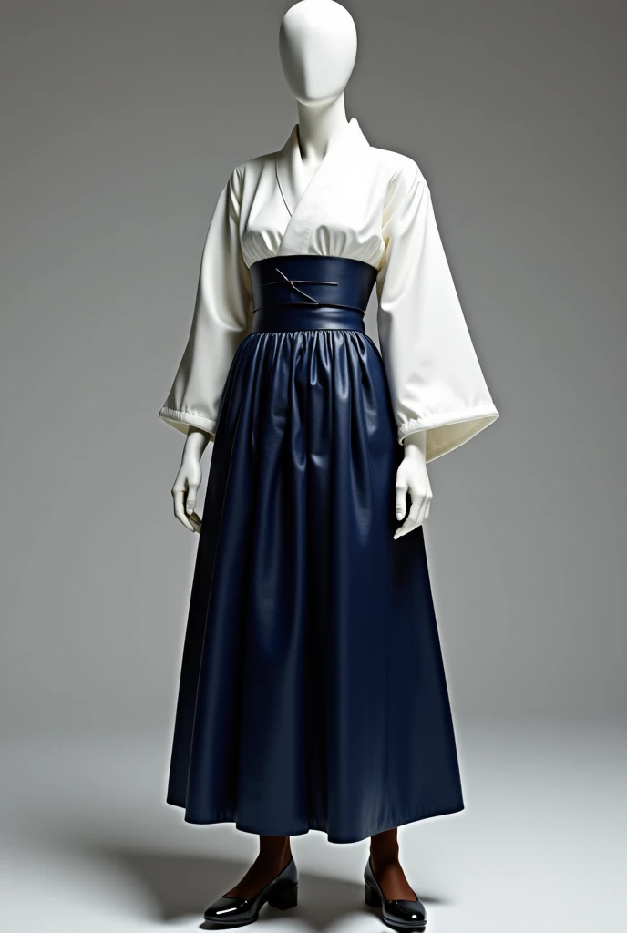 Mannequin in white glossy satin kosode, maxi glossy dark blue pleated leather hakama skirt with dark blue sash on waist. A pairs of black leather shoes and brown latex stockings.