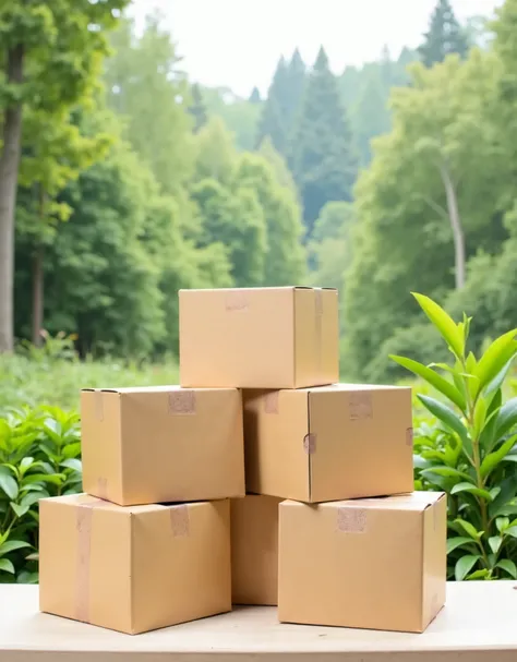  Photo of a stack of cardboard boxes of various sizes stacked side by side, clean and new ,  and in the background a forest with plants and trees ,  in the context of the idea of sustainability 