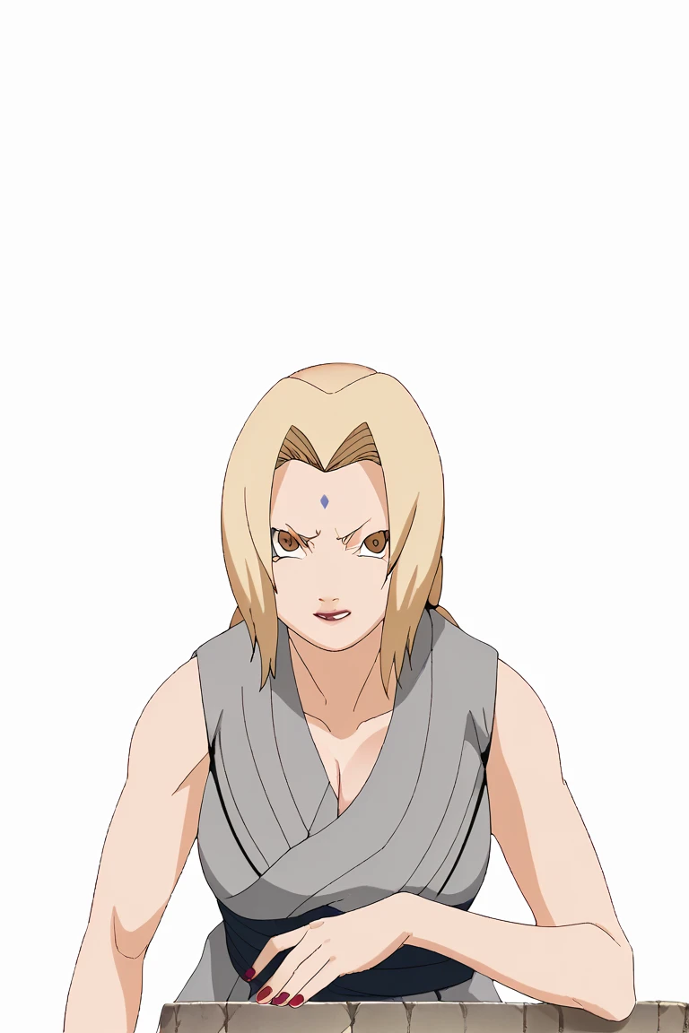 score_9, score_8_ up, score_7_ up,
ツ,  1 girl, Tsunade  (Naruto), Blonde,  rose twin tail , Mark on the forehead,  brown eyes,  Big Breasts , Grey kimono,  sleeveless kimono,  blue long pants ,  Sandals,  clevis on a stone, Red nails, Is chest, crooked one...