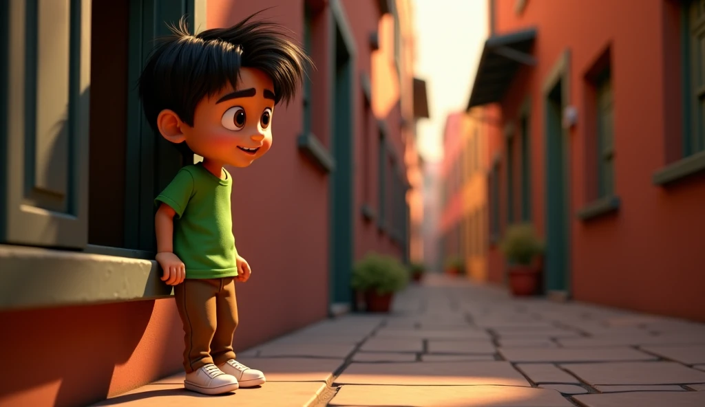 3D Cartoon Animation Movie Pixar Character,  Vivaan, dressed in a green T-shirt, brown pants, and white shoes, peeks out of his window. His eyes shine with curiosity and intelligence. 🚶‍♂️ Vivaan, along with his dog Moti, scans the dark corners of the alle...