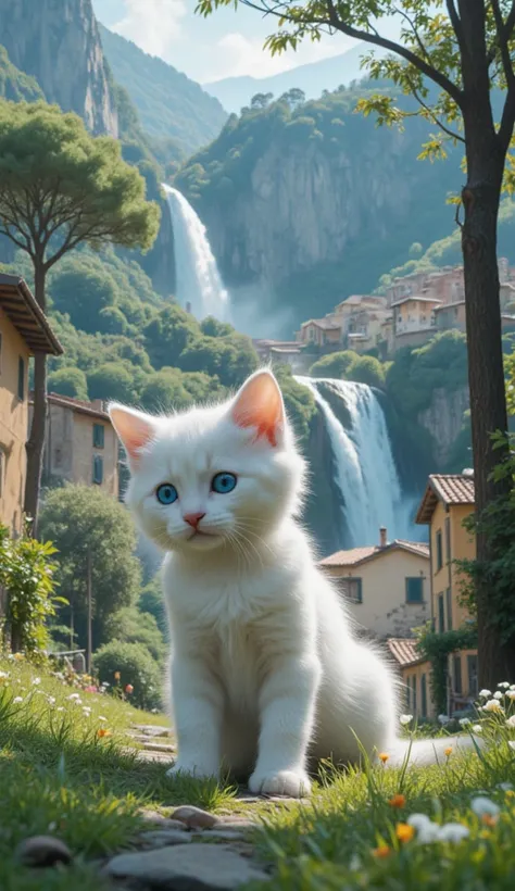 white kitten, blue eyes, waterfall, Italian village, grass, trees, 