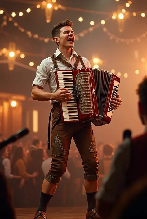 location= Festzelt-Bühne ,  Young man in Bavarian look with leather pants, Sing into the microphone and play the accordion, Looking at the camera