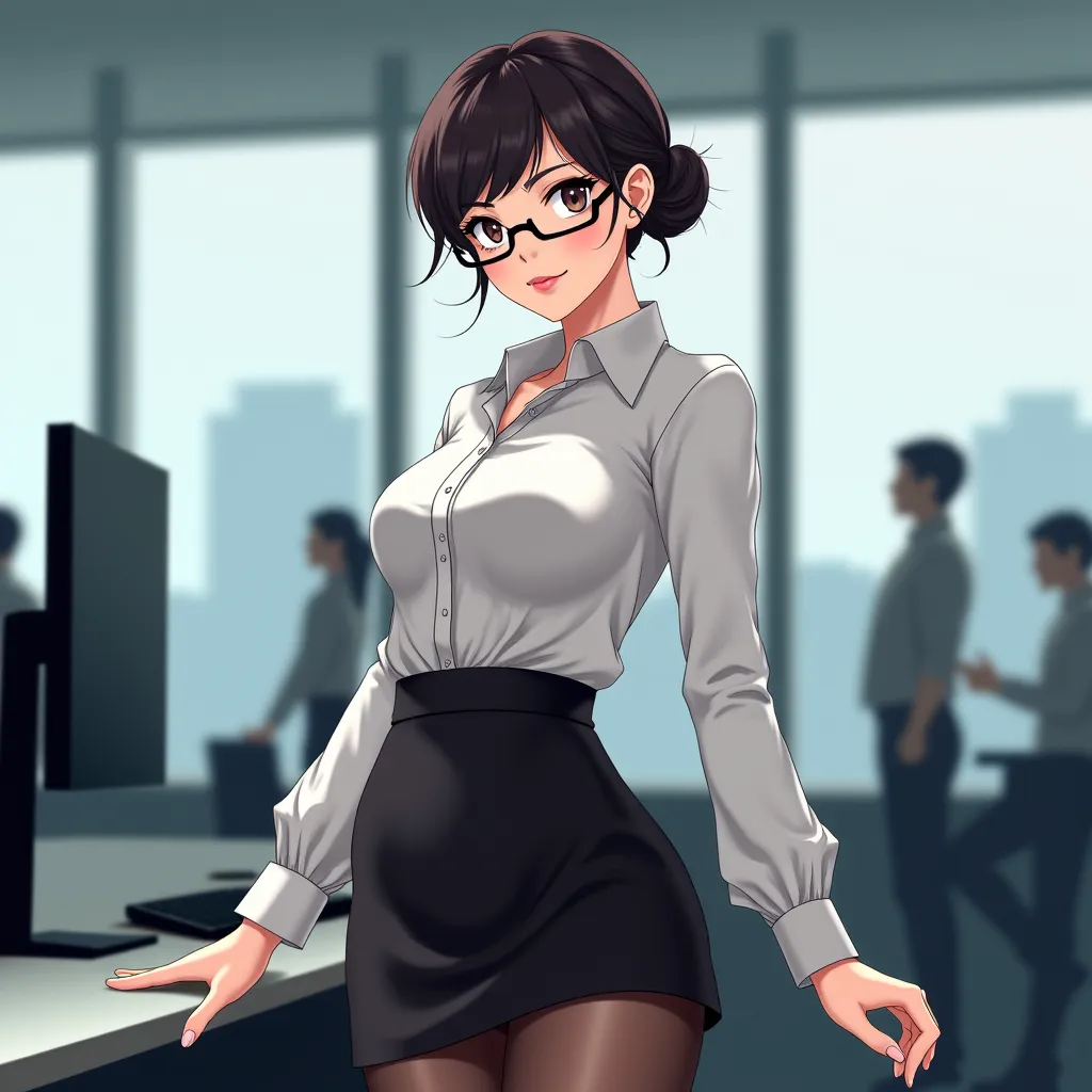 Very sexy anime girl.She's a secretary wearing a white blouse, with black glasses .She is wearing a black skirt with black stockings.