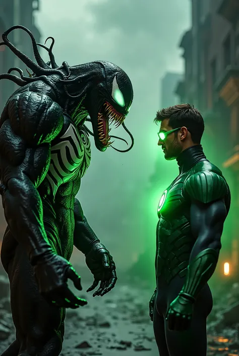 An ultra-realistic scene of Venom facing off against the Green Lantern, set in a dark, atmospheric environment. Venom stands menacingly with his sleek, black symbiote-covered body, dripping with venomous saliva and sharp, glowing white eyes glaring with an...