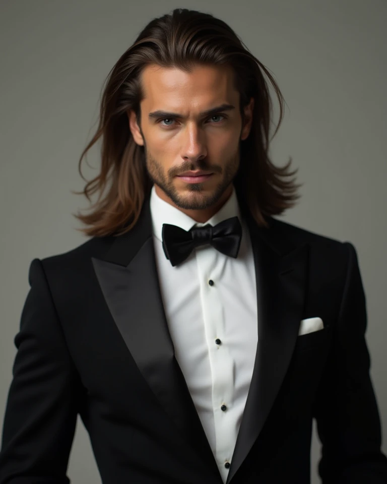 Real photos High-quality Realistic of handsome man, long hair in tuxedo